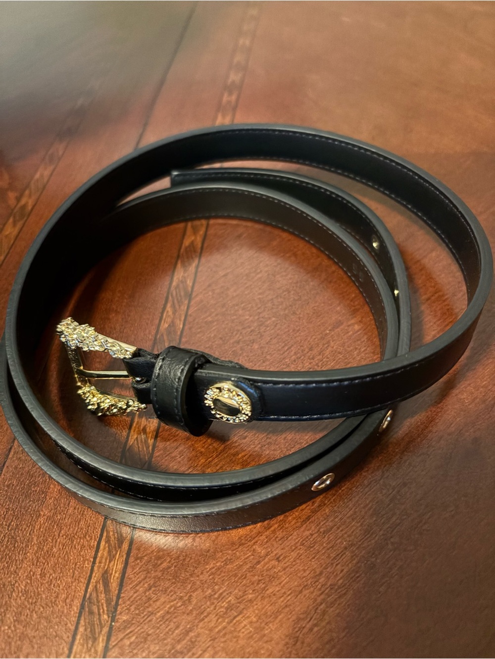 Women’s Black Leather Belt with Decorative Gold Buckle